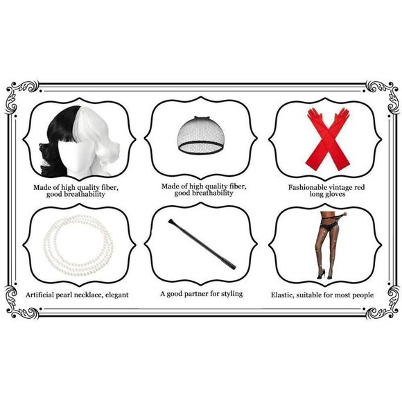 🖤🤍 6PCS Halloween Bundle Cruella Cosplay Costume Party 1920s Accessories Set - Picture 12 of 16